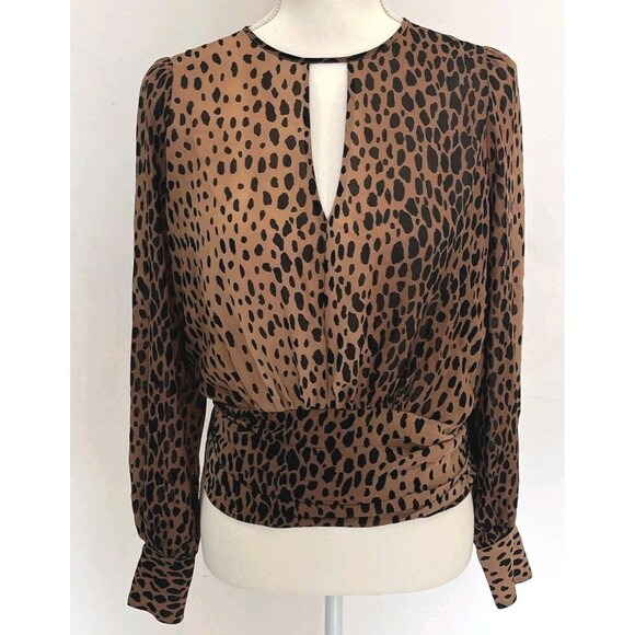 Good American Size 1(Small) Leopard Print Keyhole Shirt Blouse Brown Crew Neck - Picture 4 of 7